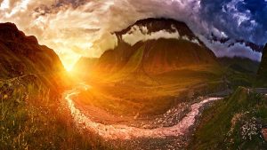 Mountain, trial, sky and clouds.