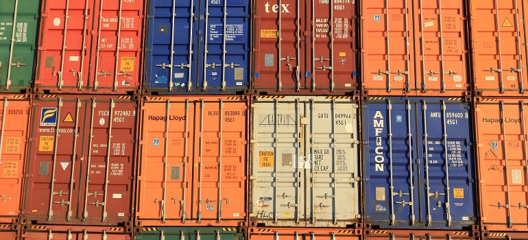 Stacks of dock storage units in different colors.