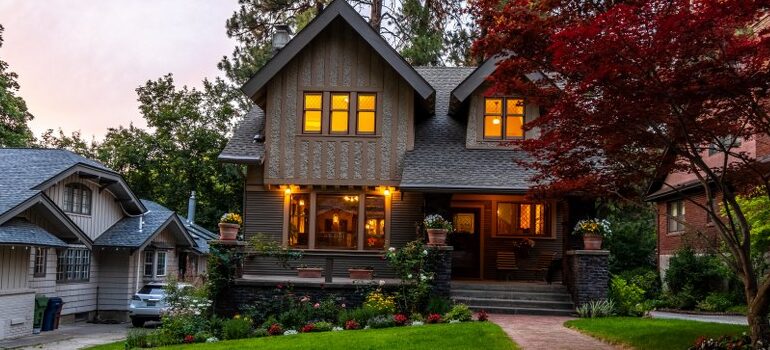 a nice house with a yard, front view 