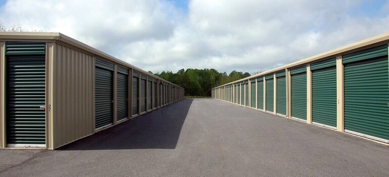 Storage unit with green doors.