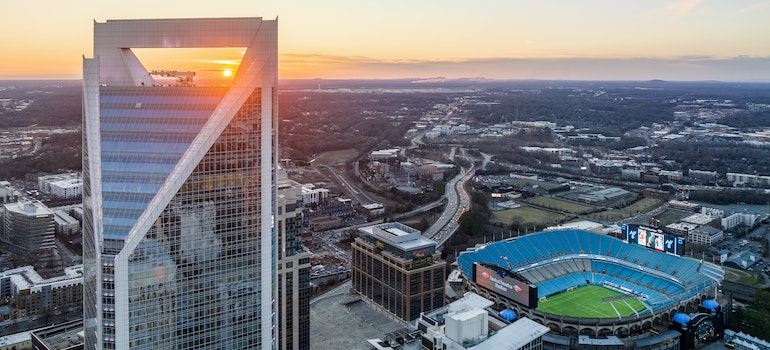 A birds-eye view at sunset of a stadium in Charlotte, North Carolina