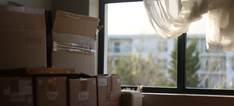 packed cardboard boxes near the window 