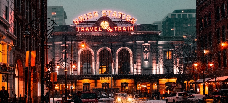 Union station train station during a snowy day people use when moving from NYC to Denver by train