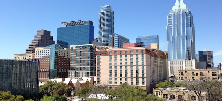 A photo of Austin buildings on a clear sunny day with bright blue skies