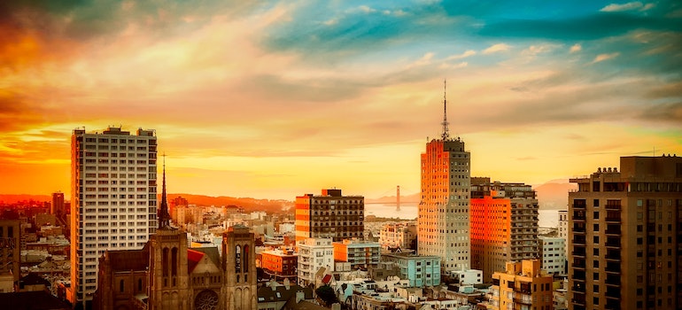 Buildings in San Francisco during a colorful sunset and golden hour